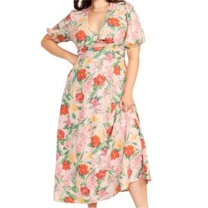 Old Navy Wrap Front Keyhole Puff Sleeve Floral Midi Dress